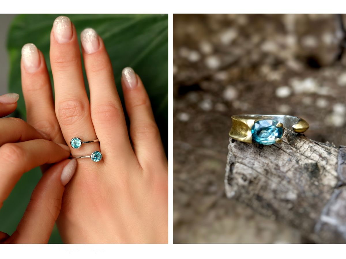 Rings with natural blue zircons